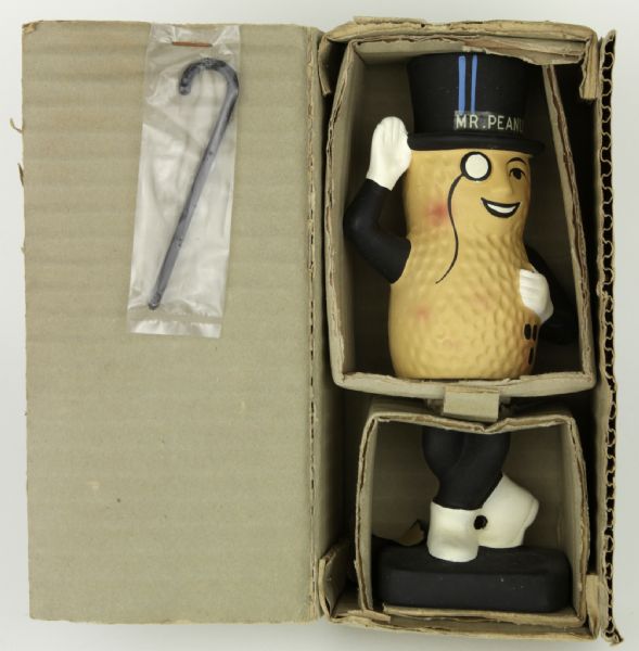 1960s Mr. Peanut Bobbing Head Nodder In Original Box With Ultra Rare Cane in Place