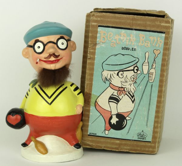 1960s Bowling Figure Bobbling Head Nodder Bank In Original Picture Box - Beatnik Bank 
