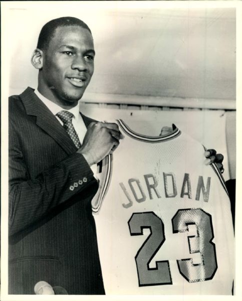1984 "1st Image as a Chicago Bull" Michael Jordan Chicago Bulls Rookie Signing Day "Chicago Sun-Times" Original Type 1 8" x 10" Photo (Sun Times Hologram/MEARS Type 1 Photo LOA)