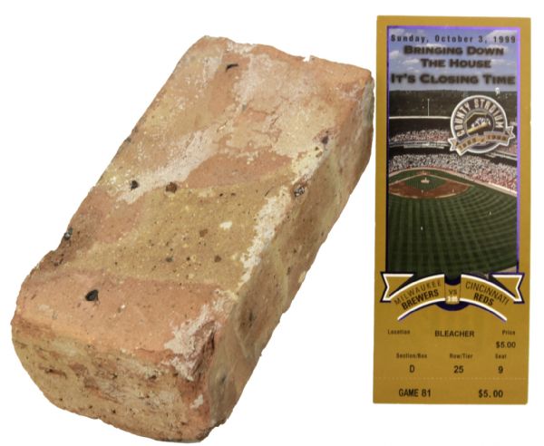 1999 Milwaukee County Stadium Brick and Ticket Stub From Last County Stadium Home Game - COA