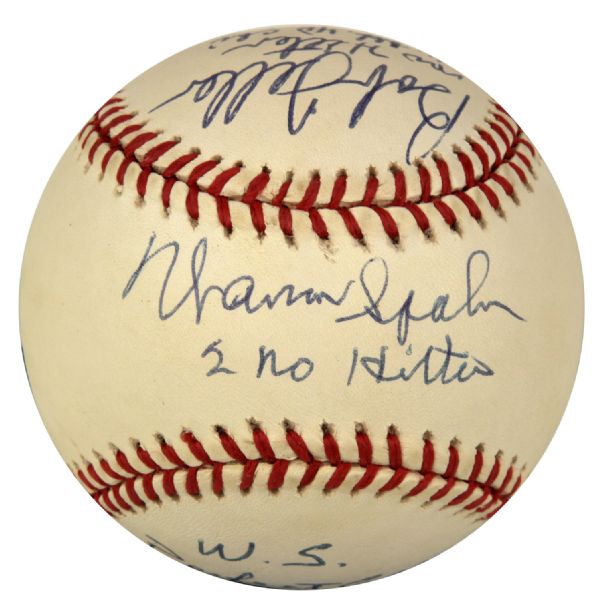 1984-94 Warren Spahn Milwaukee Braves Don Larsen Yankees & Bob Feller Indians Multi Signed Ball With Lengthy Inscriptions - JSA