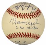 1984-94 Warren Spahn Milwaukee Braves Don Larsen Yankees & Bob Feller Indians Multi Signed Ball With Lengthy Inscriptions - JSA