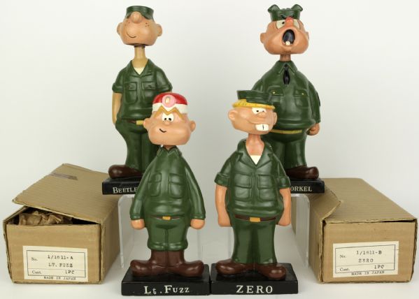 1960s Beetle Bailey Bobbing Head Nodder Collection With All 4 With Incl. Beetle Bailey Ft. Fuzz Sgt. Snorkel & Zero 2 With Original Box Near Flawless Set 