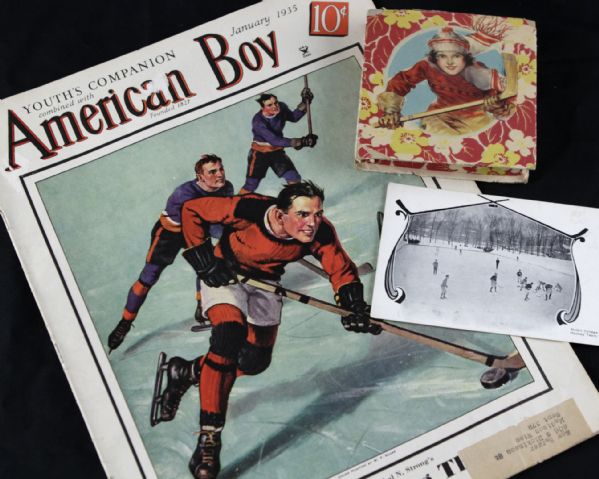 Early 1900s-35 Hockey Mementos - American Life Magazine Vintage Girl Playing Hockey Tissue Box & Famous McGill Hockey Team Postcard