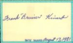 1981 Frank Bruiser Kinard Brooklyn Dodgers Tigers Signed Index Card Pro Football Hall of Famer