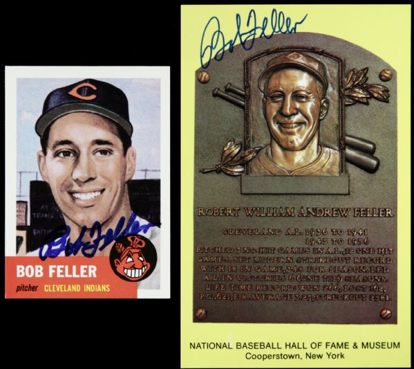 Bob Feller Cleveland Indians Signed HOF Postcard & Topps Archives Card - JSA