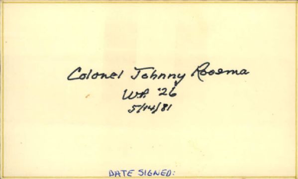 1980 Colonel Johnny Roosma Signed Index Card Tough Pro Basketball Hall of Fame Autograph