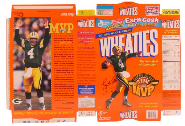 1998 Brett Favre signed Factory-Flat Wheaties 3-Time MVP Box (JSA) - Green Bay Packers
