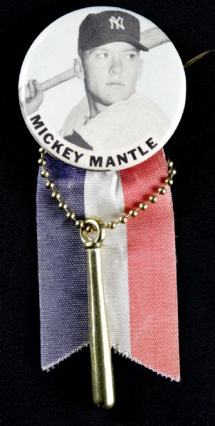 1950s Mickey Mantle New York Yankees Pinback With Ribbon & Charm PM 10