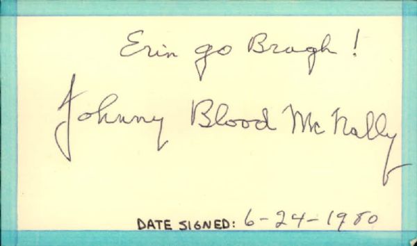 1980 Johnny Blood Green Bay Packers Signed Index Card Pro Football Hall of Famer With Interesting Irish Salutation