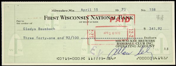 1970 Inaugural Season Bud Selig Signed Check From First Year of the Milwauikee Brewers - JSA