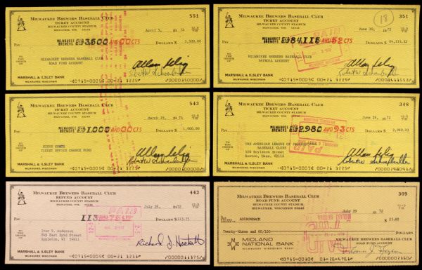 1972-74 Milwaukee Brewers Signed Checks - Lot of 6 With 4 Signed by Bud Selig - JSA