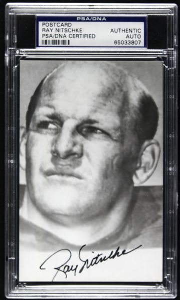 Ray Nitschke Green Bay Packers Signed Postcard & HOF Metallic Card - PSA/DNA Holders