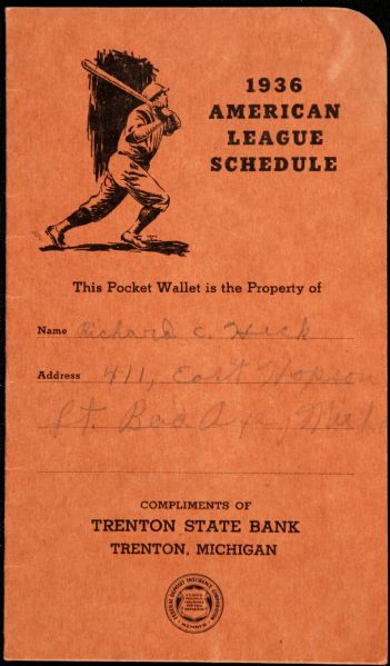 1936 Milwaukee Brewers AAA American League Schedule Gift From Bank 