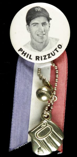 1950s Phil Rizzuto New York Yankees PM10 Pinback With Ribbon & Charm