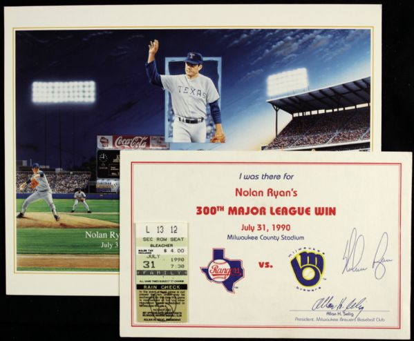 1990 Nolan Ryans 300th Major League Win Ticket Stub, Signed Certificate and Print
