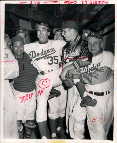 1956 Sal Maglie Brooklyn Dodgers No-Hitter With Don Drysdale "The Sporting News Collection Archives" Original Type 1 8" x 10" Photo (Sporting News Collection Hologram/MEARS Type 1 Photo LOA)
