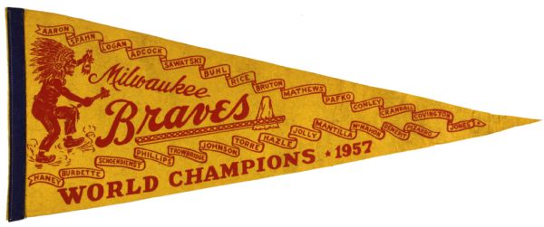 1957 Milwaukee Braves Very Rare Yellow Variation World Series Champions Full Size 29" Pennant