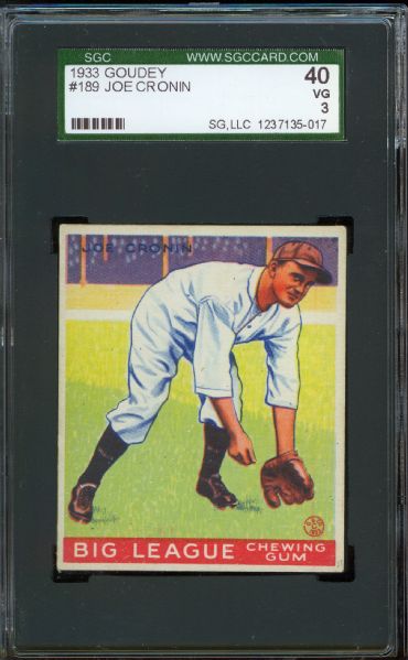 1933 Goudey Senators Joe Cronin #189 SGC 40 VG 3