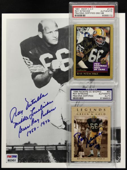 1991-96 Ray Nitschke Green Bay Packers Signed 8" x 10" Photo & 2 Signed Cards - PSA/DNA