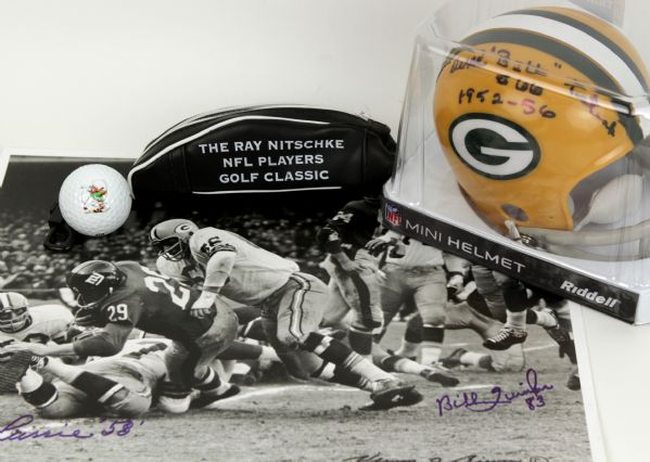 1950s-60s Green Bay Packers Greats Signed Mementos - Teteak Mini-Helmet & Dan Currie Bill Quinlan Oversized Biever Photo & Nitschke Golf Balls  - JSA