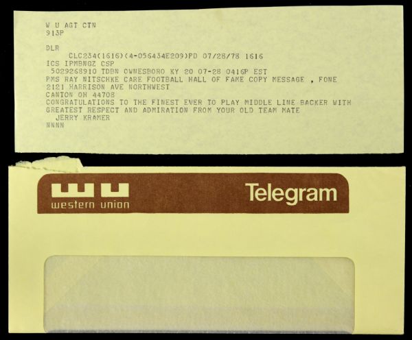 1978 Jerry Kramer Green Bay Packers Telegram Congratulating Ray Nitschke For Hall of Fame Induction