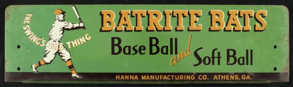 1930s-40s Hanna Batrite Bats Base Ball & Soft Ball Metal Bat Rack Sign