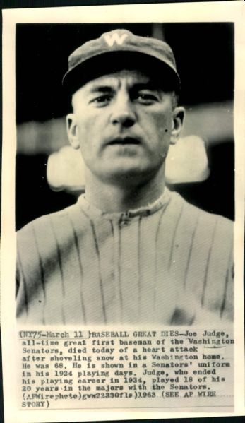1928 Joe Judge Washington Senators "The Sporting News Collection Archives" Original 5.5" x 10" Photo (Sporting News Collection Hologram/MEARS Photo LOA)