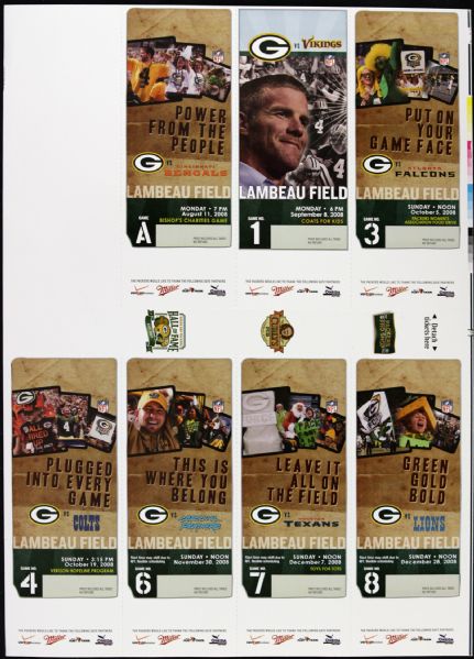2008 Green Bay Packers 10 Game Full Ticket Sheet (Unused) w/ Aaron Rodgers First Start Ticket
