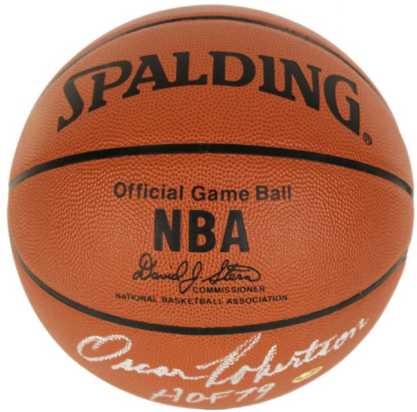 Oscar Robertson & Brandon Jennings Milwaukee Bucks Signed Basketball With Rare Full Name Robertson Penning "HOF 79"  & Jennings Inscription - JSA