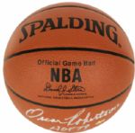 Oscar Robertson & Brandon Jennings Milwaukee Bucks Signed Basketball With Rare Full Name Robertson Penning "HOF 79"  & Jennings Inscription - JSA