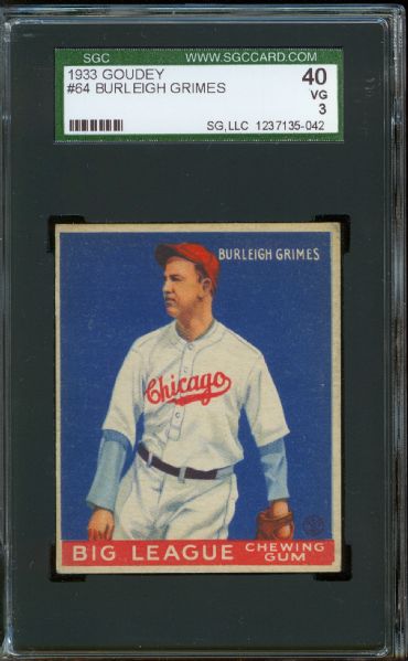 1933 Goudey Cubs Burleigh Grimes #64 SGC 40 VG 3