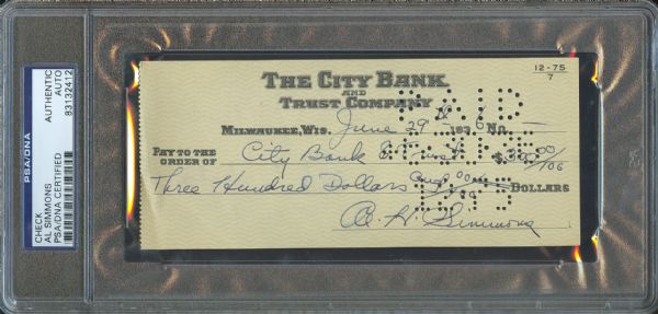 1975 Al Simmons Signed Check PSA/DNA