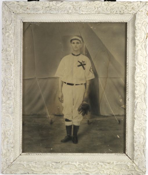 1917 Era WW1 Artillery Unit  Baseball Player Hand Tinted Drawing in Vintage Frame - 22" x 27"