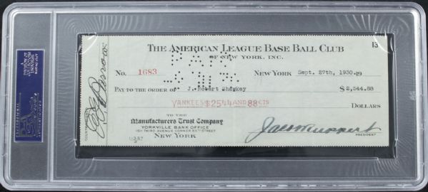 1930 Robert Shawkey New York Yankees Endorsed Payroll Check Also Signed By Jacob Ruppert & Ed Barrow - PSA/DNA Holder