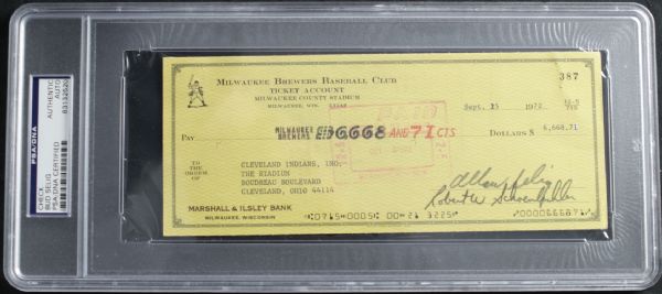 1972 Bud Selig Milwaukee Brewers Signed Check - To Cleveland Indians  - PSA/DNA Holder