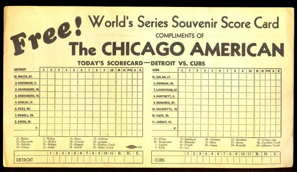 1935 World Series Souvenir Score Card Detroit Tigers vs Chicago Cubs 
