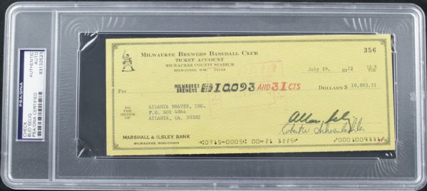 1972 Bud Selig Milwaukee Brewers Signed Check - To Atlanta Braves - PSA/DNA Holder