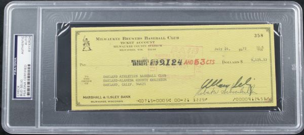 1972 Bud Selig Milwaukee Brewers Signed Check - To Oakland As - PSA/DNA Holder