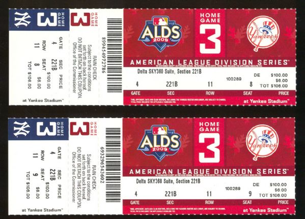 2009 New York Yankees ALDS Full Unused Tickets (2)