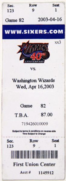 2003 Michael Jordan Last Game Package vs. Philadelphia including FULL Ticket