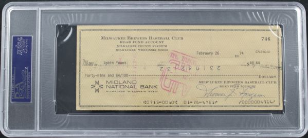 1974 Robin Yount Milwaukee Brewers Payroll Check - Earliest Known Rookie Season Check - PSA/DNA