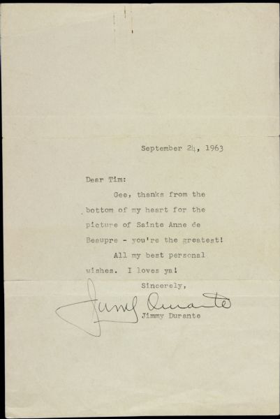 1963 Jimmy Durante Signed Response Letter