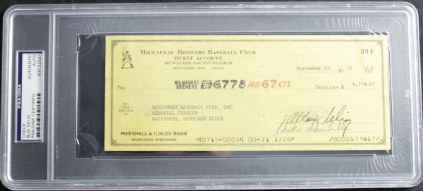 1972 Bud Selig Milwaukee Brewers Signed Check - To Baltimore Orioles  - PSA/DNA Holder