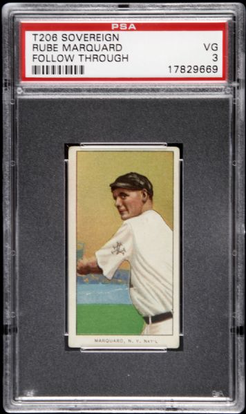 1909 - 11 T206 Rube Marquard New York Giants Follow Through Sovereign Back Card  - PSA VG 3