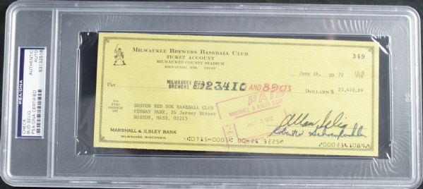 1972 Bud Selig Milwaukee Brewers Signed Check - To Boston Red Sox  - PSA/DNA Holder