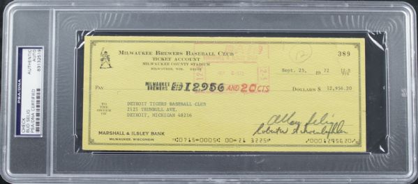 1972 Bud Selig Milwaukee Brewers Signed Check - To Detroit Tigers - PSA/DNA Holder