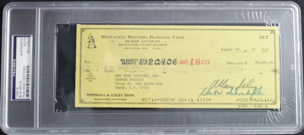1972 Bud Selig Milwaukee Brewers Signed Check - To New York Yankees - PSA/DNA Holder