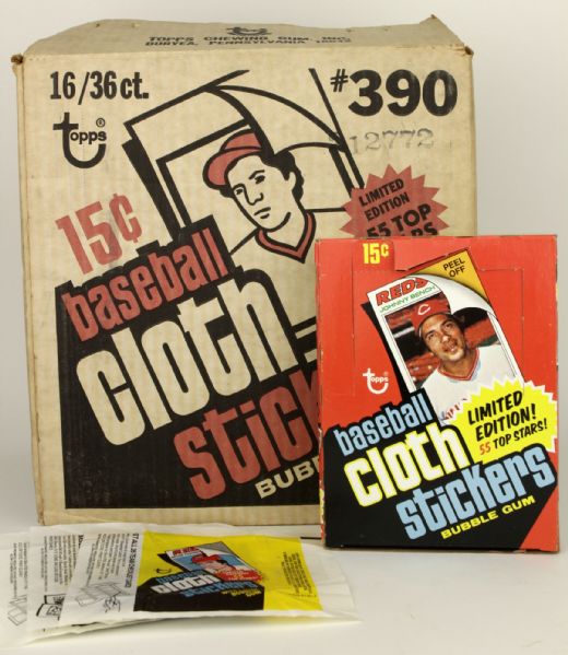 1977 Rare Test Issue Topps Cloth Stickers Case Box & Packs (All Empty)
