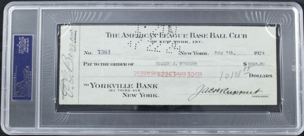 1924 Miller Huggins New York Yankees Endorsed Payroll Check Also Signed by Jacob Ruppert & Ed Barrow - PSA/DNA Holder